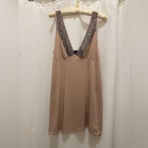 Vintage Jones New York Tan Chemise with Leopard Print and Bow - size M